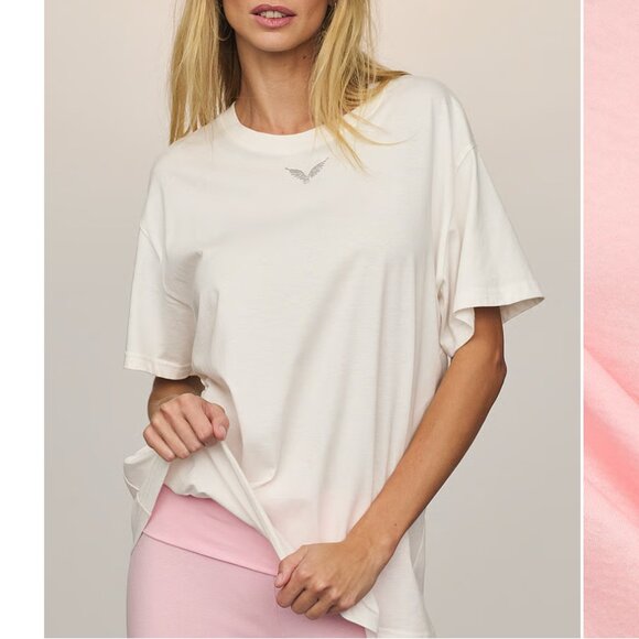 Angel Essentials Cotton Rhinestone Wings White Oversized Tee - NWT - Picture 1 of 6